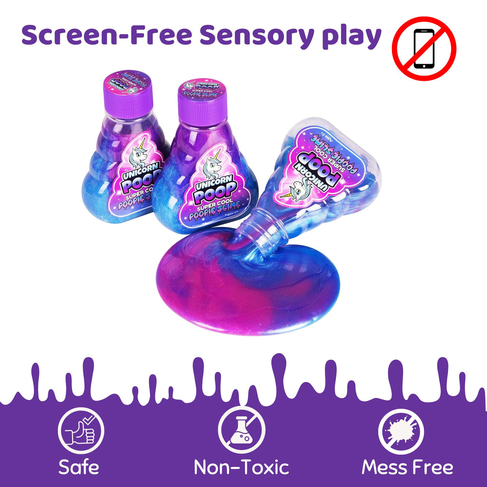 Super Cool Unicorn Poop Slime glittery bottle highlights sparkle during hands-on play.