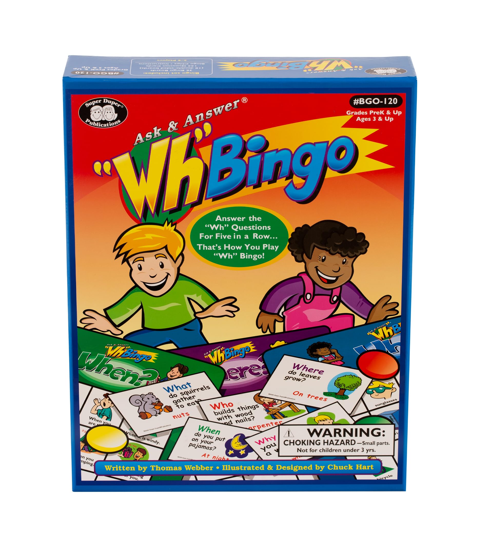 Super Duper Wh Bingo Board boards in colorful practice setup for Wh-questions