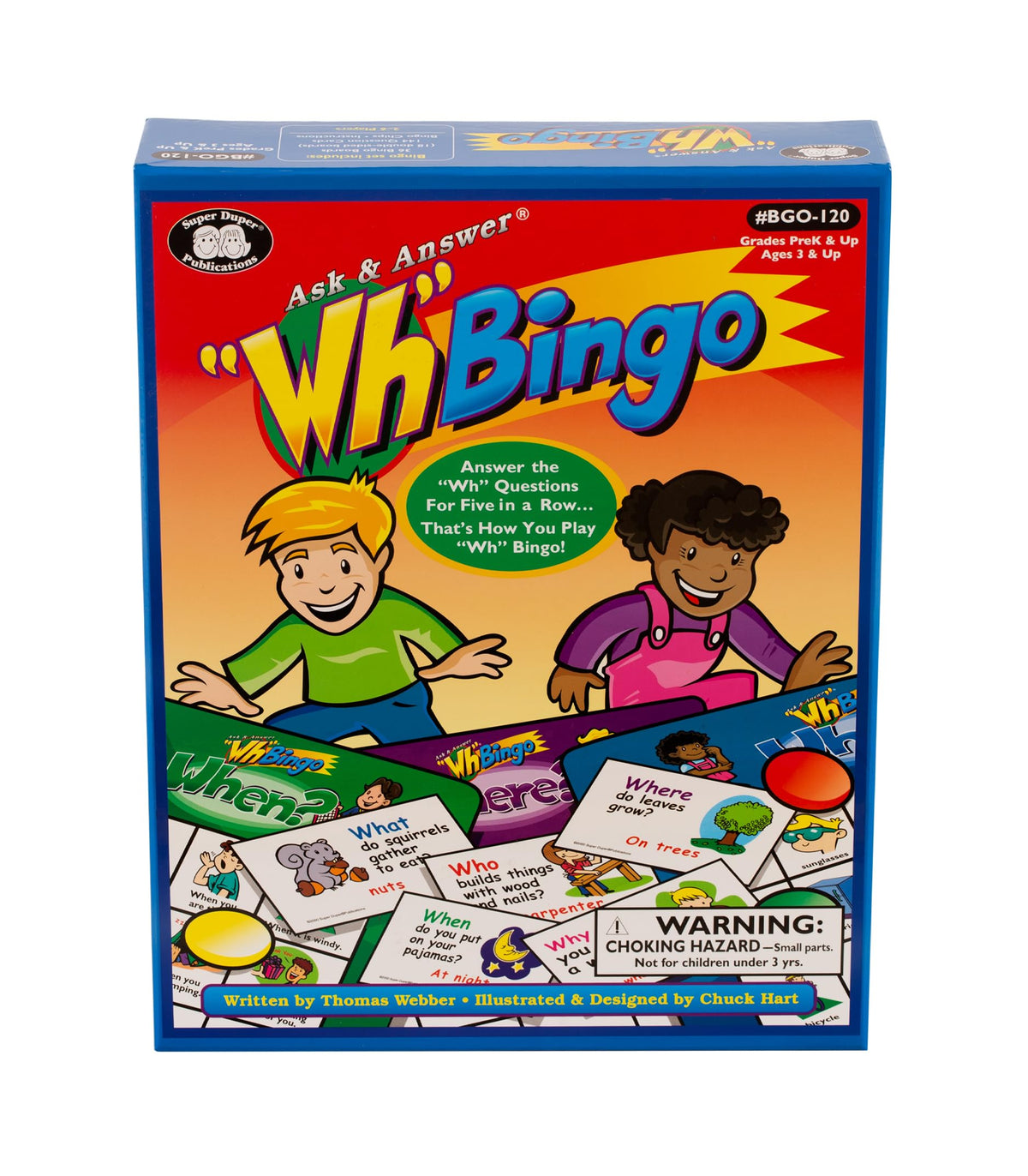 Super Duper Wh Bingo Board boards in colorful practice setup for Wh-questions