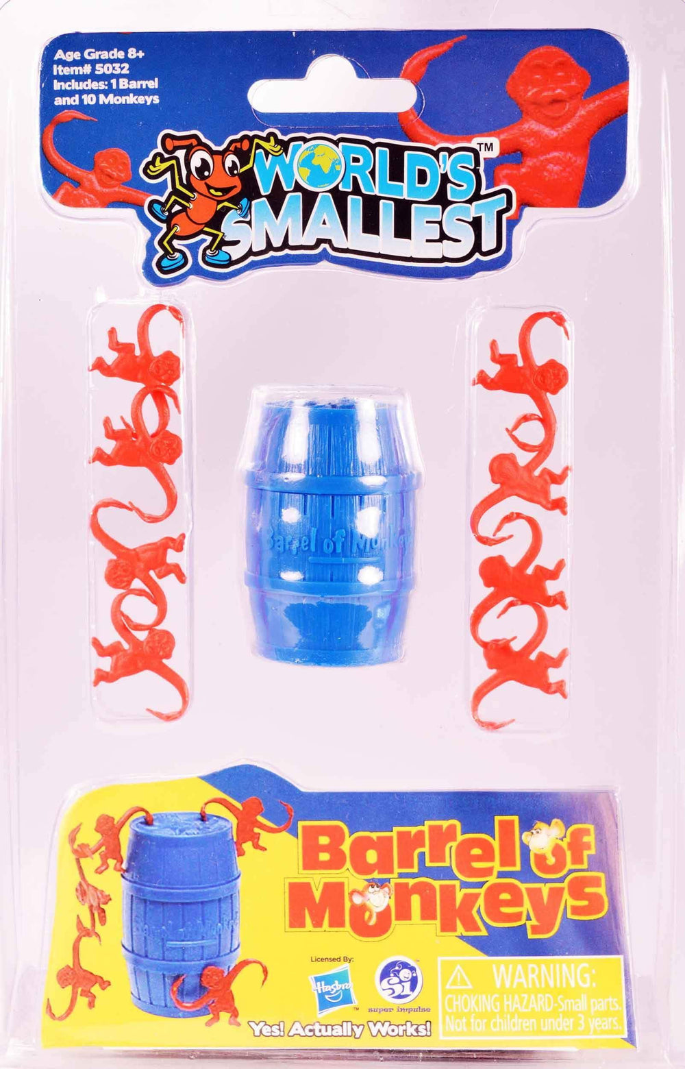 Super Impulse World's Smallest Barrel of Monkeys on table, a compact travel game.