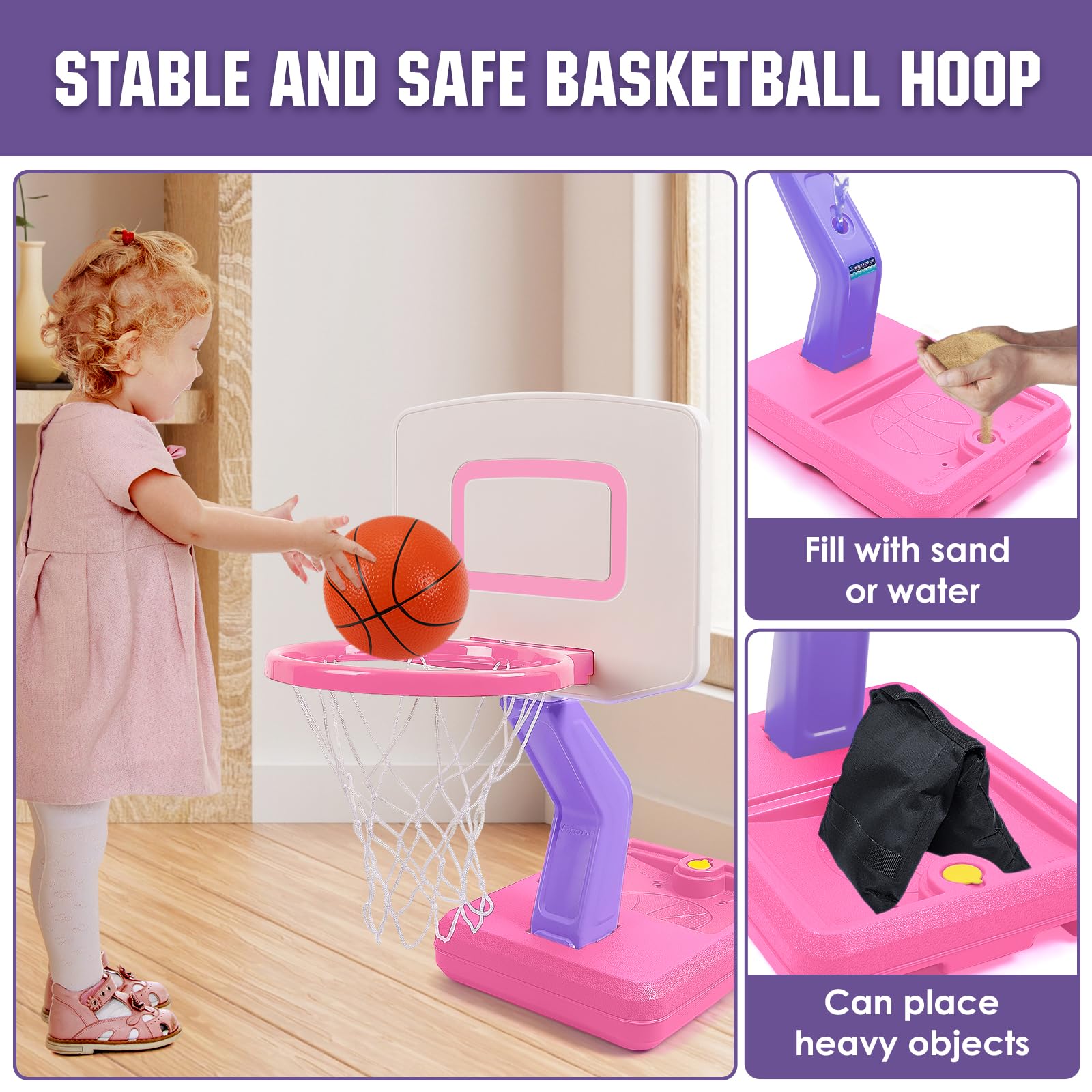 SUPER JOY quick-assemble set includes hoop, balls, pump, and tools for fast setup.