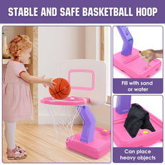 SUPER JOY quick-assemble set includes hoop, balls, pump, and tools for fast setup.