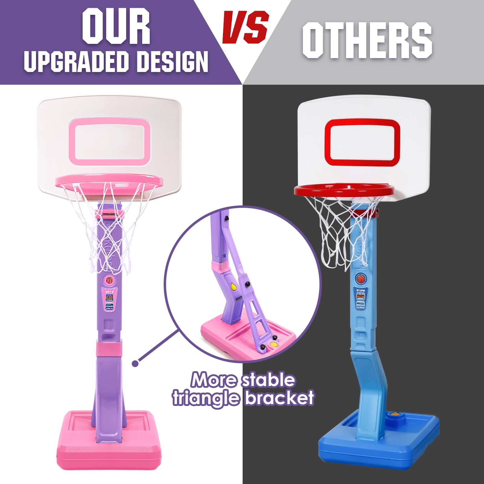 SUPER JOY height-adjustable hoop grows with your child for continued challenge.