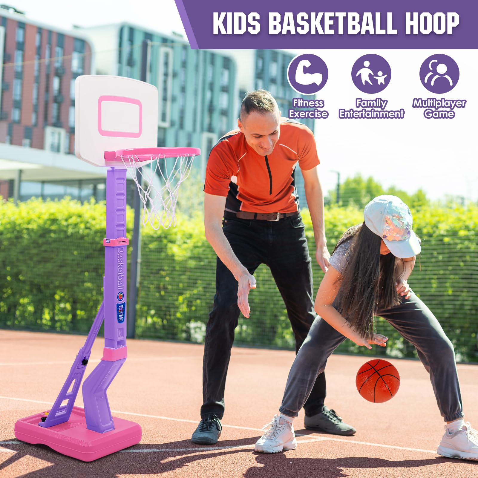 SUPER JOY portable kids basketball goal for indoor, backyard, or poolside fun.