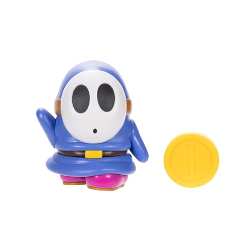 Super Mario Blue Shy Guy figure with authentic coin accessory for display.