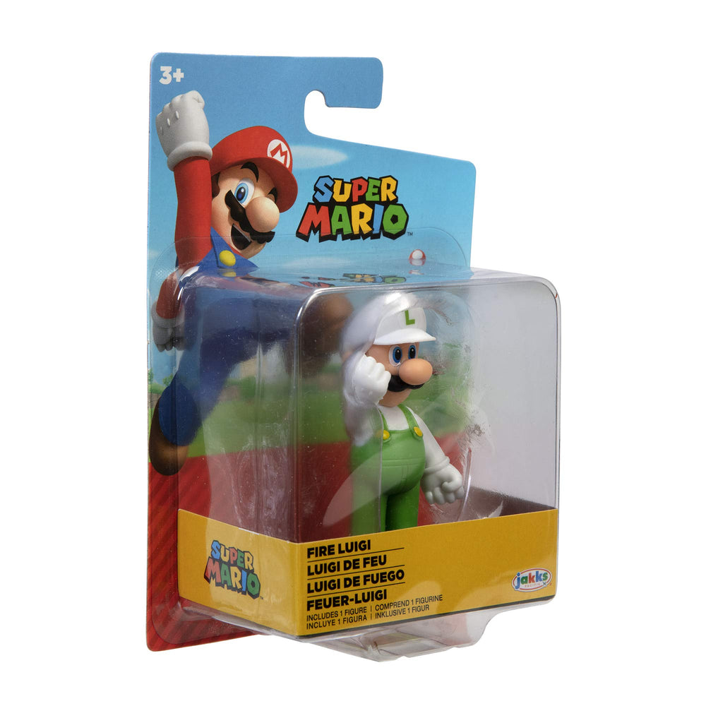 Super Mario Luigi fire figure packaging mockup, shows gift-ready presentation.