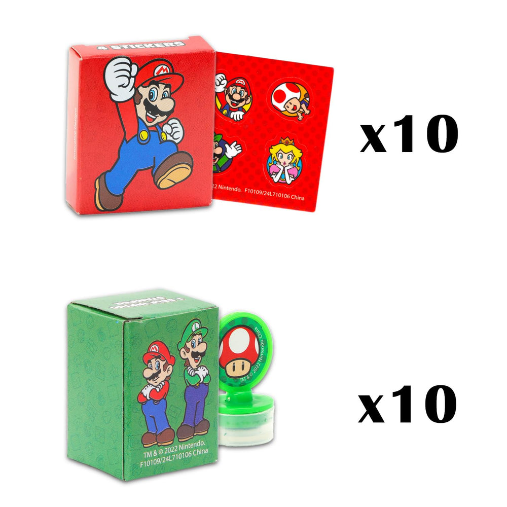 Super Mario party favors stickers sheet adds colorful designs for loot bags and prizes.