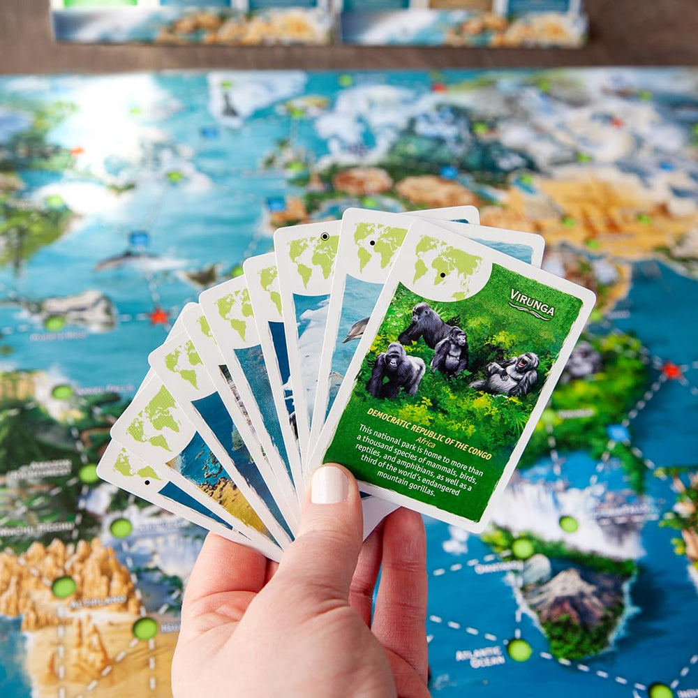 Super Meeple Expeditions location cards showcase vibrant artwork and real-world destinations.