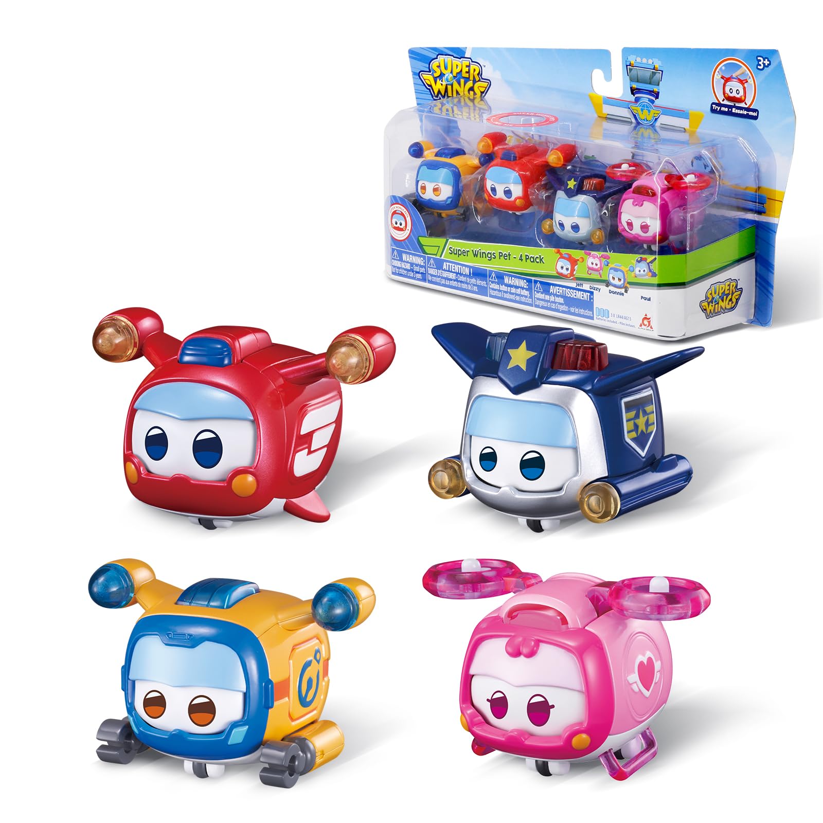 Super Wings glow face-change pet jet lights up during play, boosting imaginative storytelling.