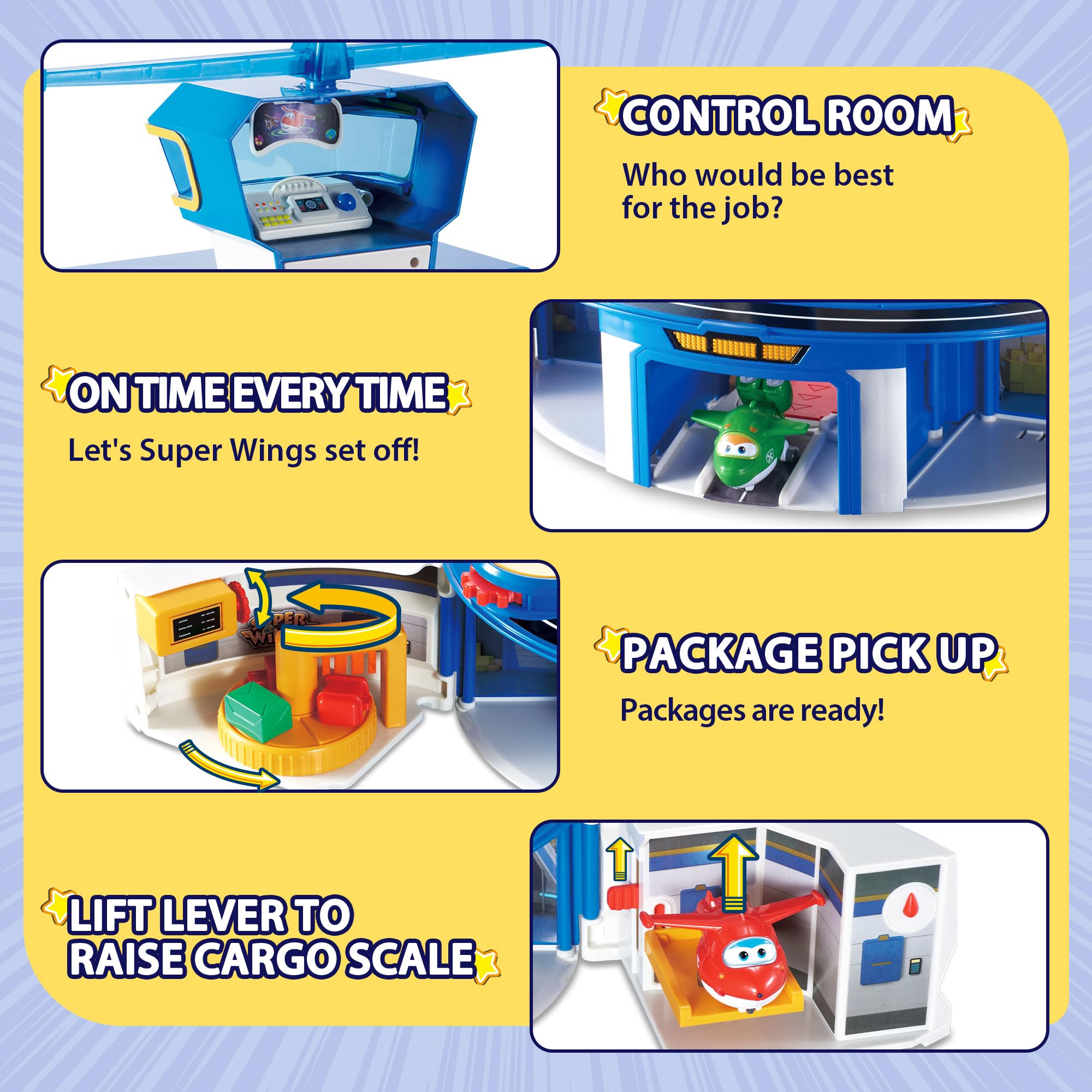 Super Wings Jett mini-transforming figure fits in the lift for quick missions.