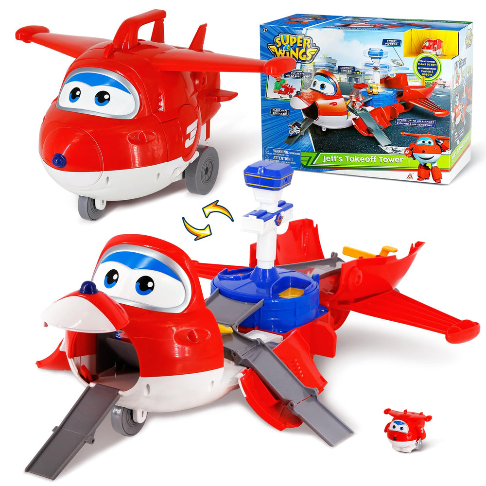 Super Wings Jett Takeoff Tower open playset invites imaginative airport adventures.