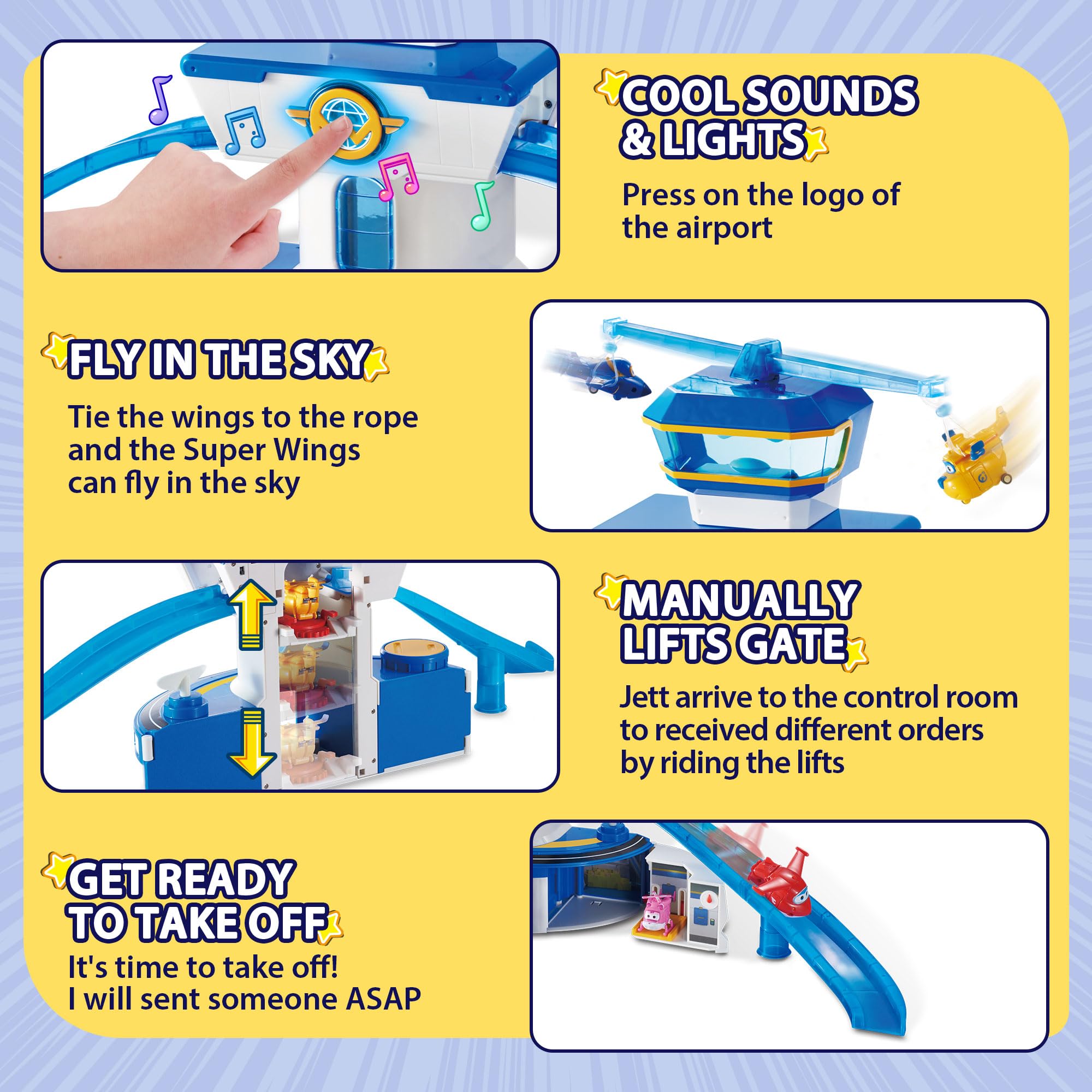 Super Wings World Airport Playset control tower lights and sounds boost playtime realism for kids.