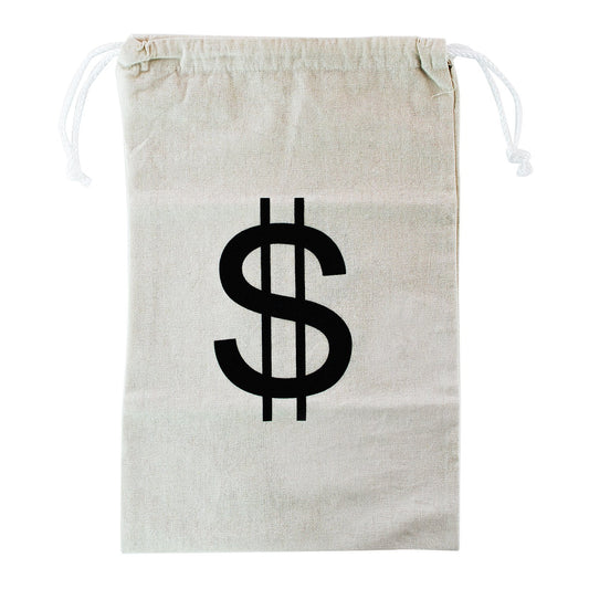 Super Z Outlet money bag with drawstring and dollar sign seen from the back for storage ideas.