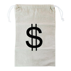 Super Z Outlet money bag with drawstring and dollar sign seen from the back for storage ideas.