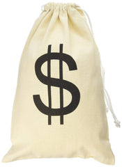Super Z Outlet canvas money bag with drawstring and dollar sign on the front, ideal for party favors.
