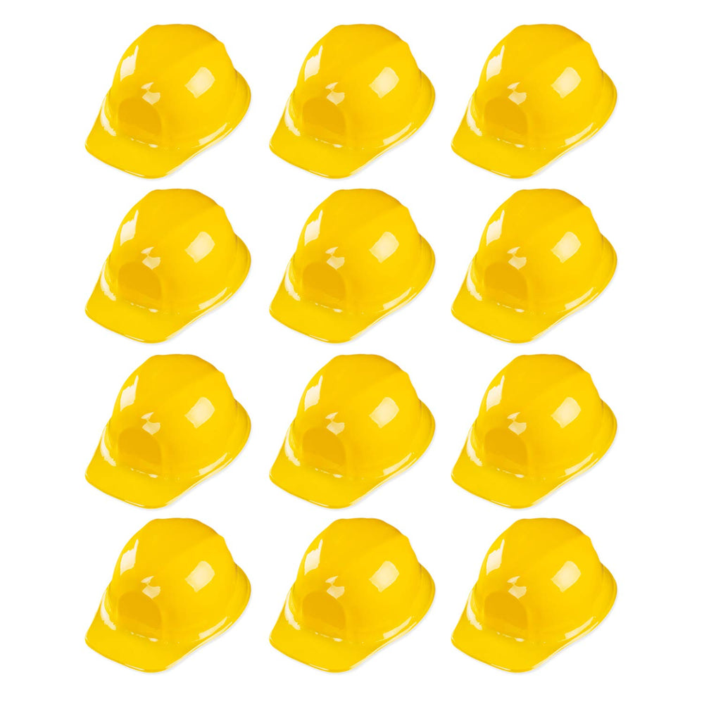 Super Z Outlet yellow construction hat pack of 12, ideal party prop for kids.