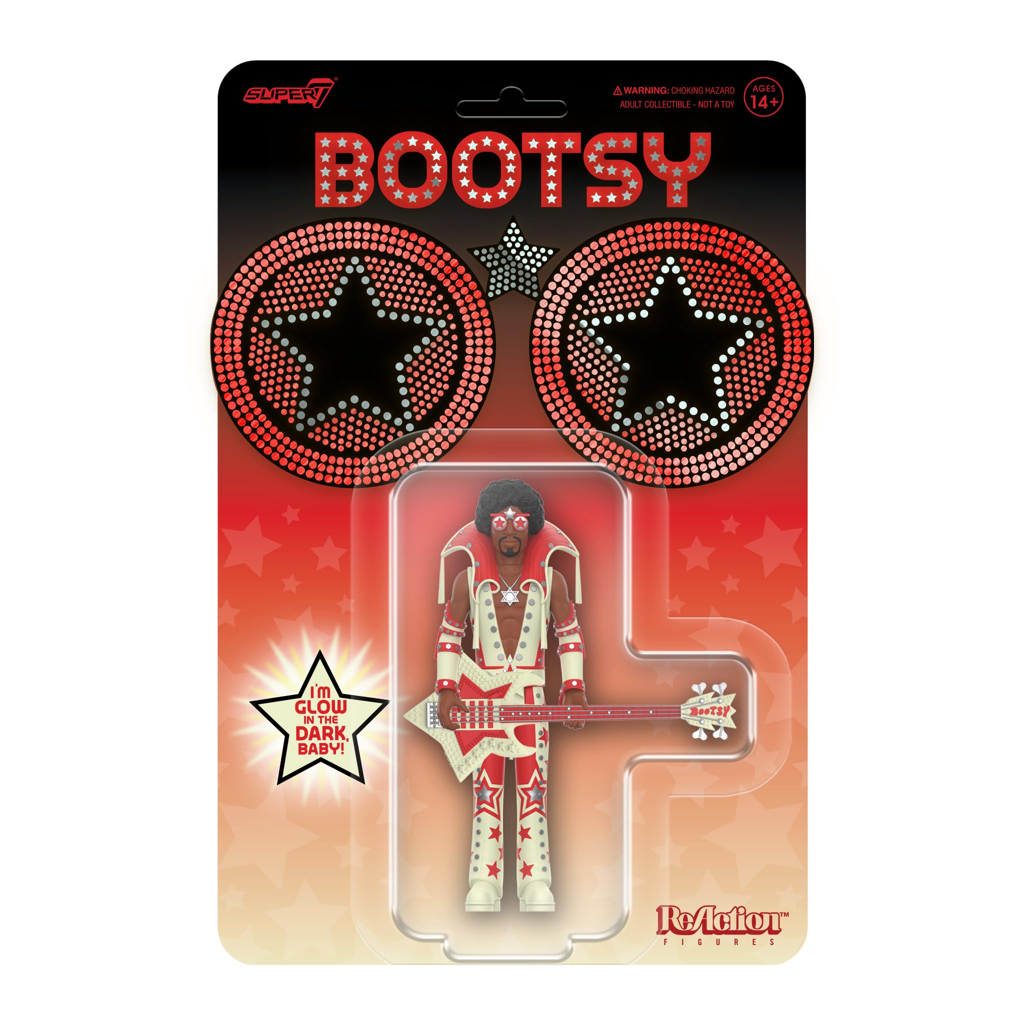 Super7 Bootsy Collins glow figure wearing glow jumpsuit for night-time display
