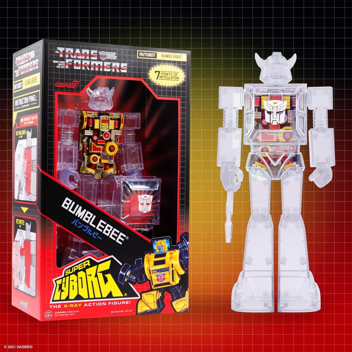 Super7 Bumblebee clear shell close-up highlights vibrant color and retro Transformers styling.