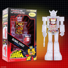 Super7 Bumblebee clear shell close-up highlights vibrant color and retro Transformers styling.