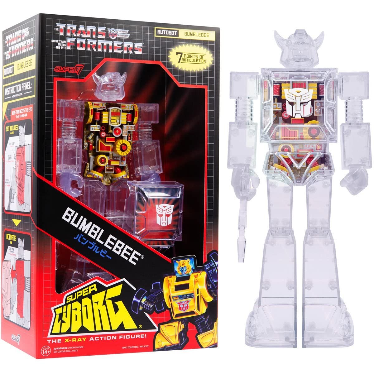 Super7 Bumblebee clear torso panel reveals inner mechanics for display and imaginative play.