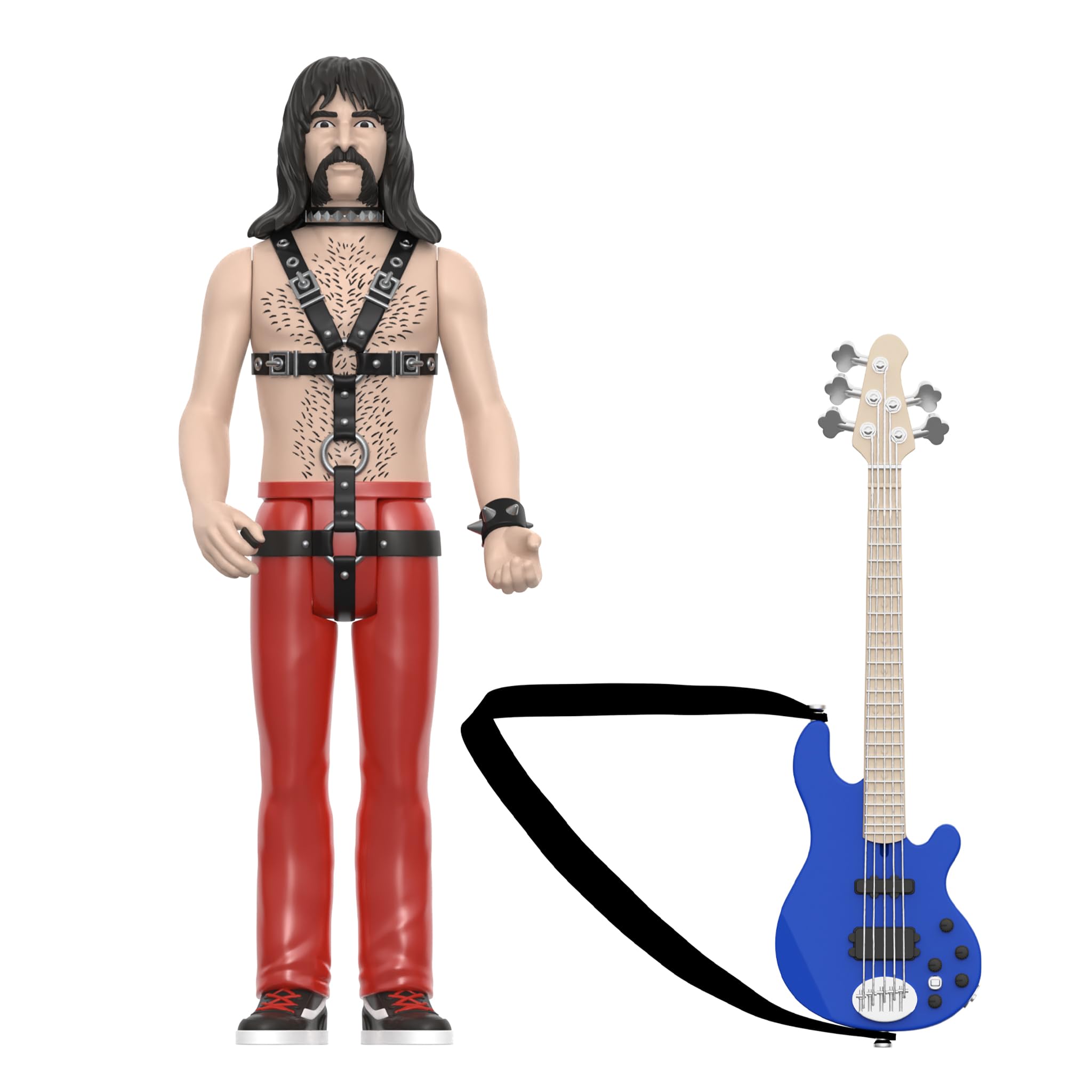 Derek Smalls figure wearing a textured leather harness for authentic look.