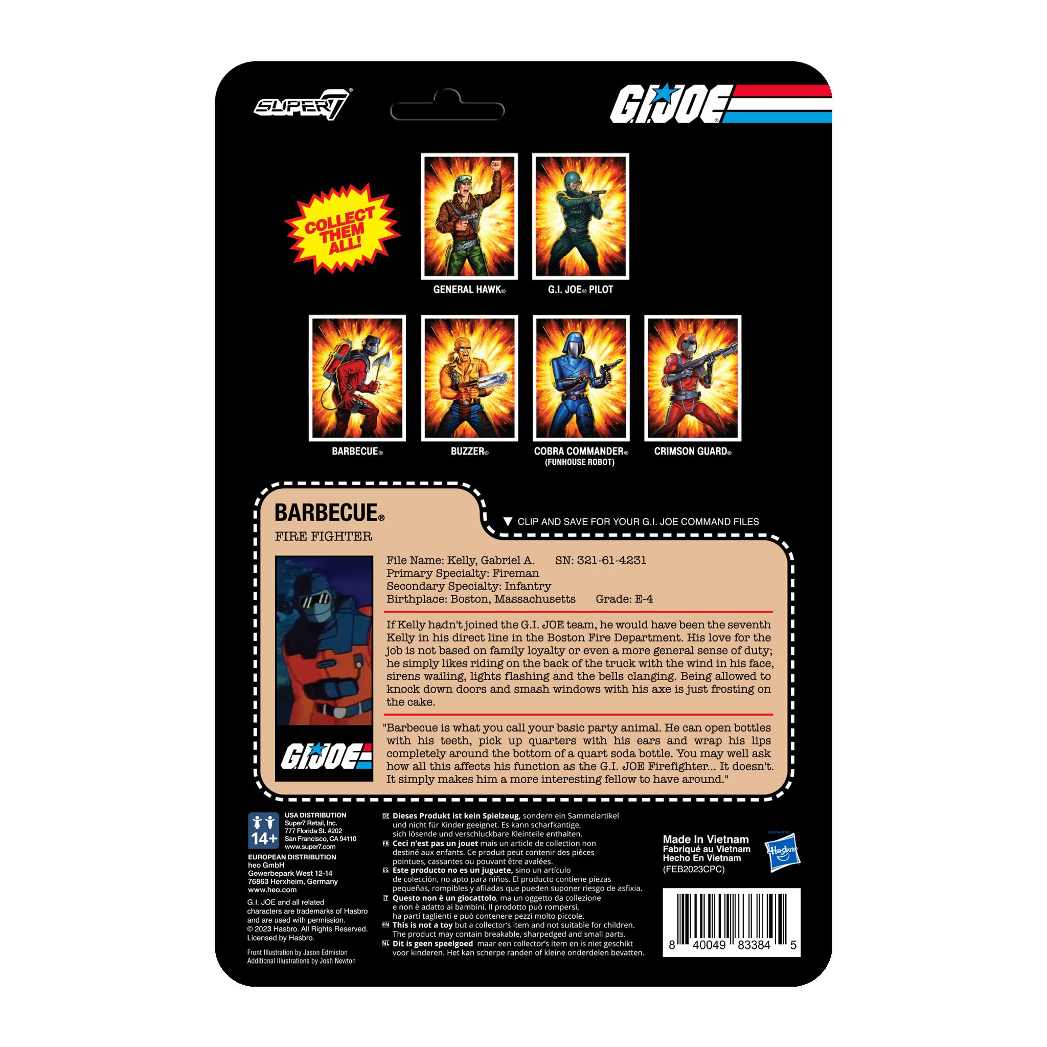 3.75-inch scale Super7 G.I. Joe Barbecue figure ideal for shelves.