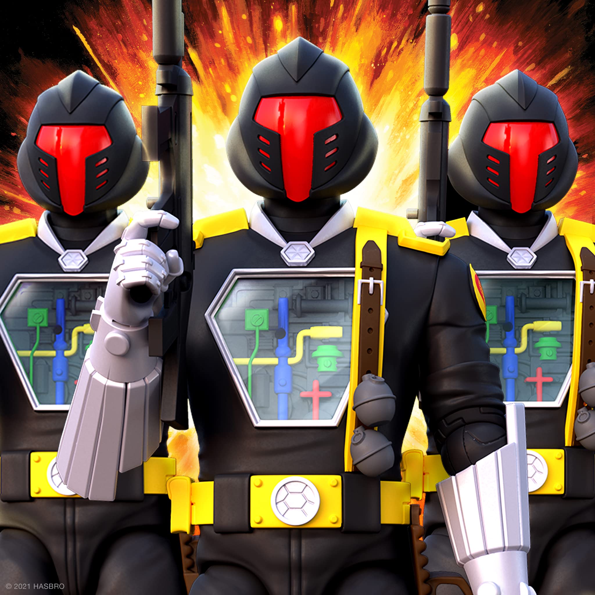 Interchangeable heads and hands and removable chest cover for customization with Super7.