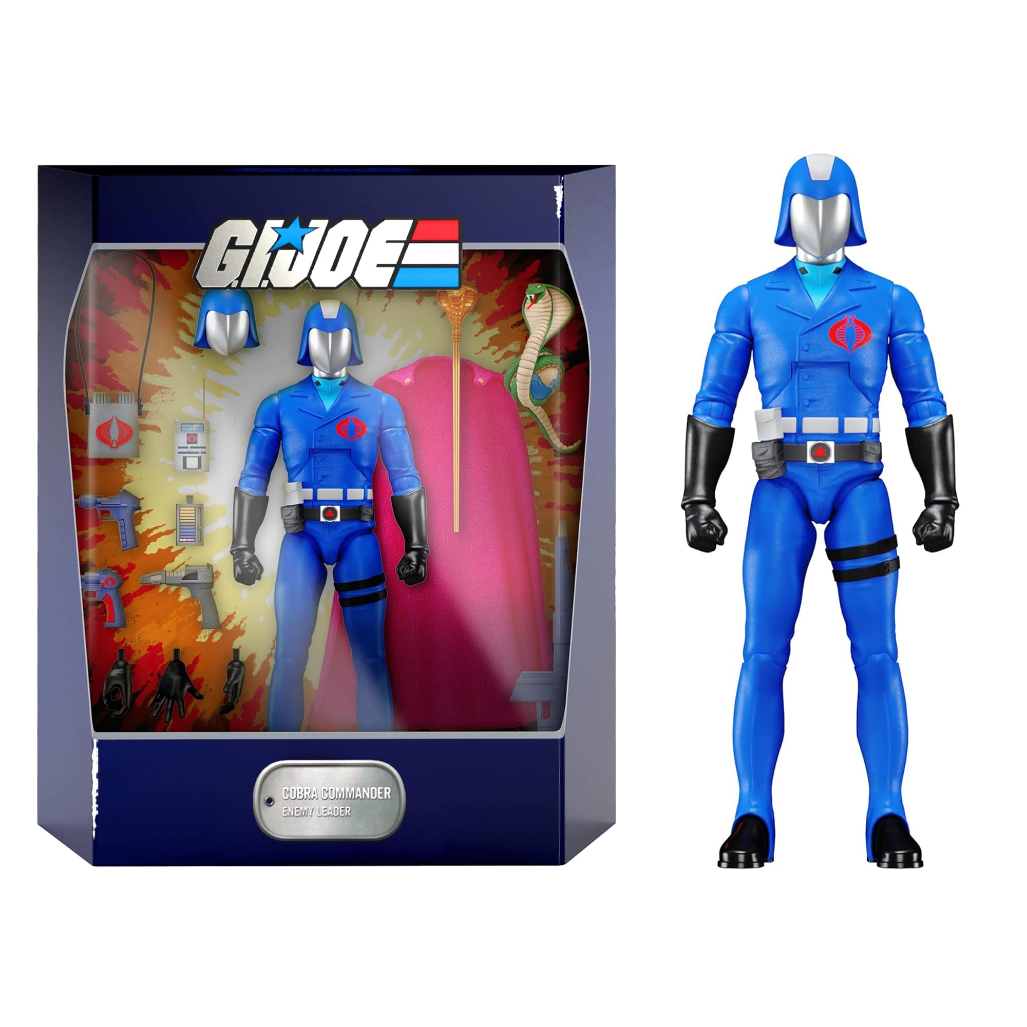 Super7 Gijoe Ultimates Cobra Commander figure with premium articulation for dynamic posing.