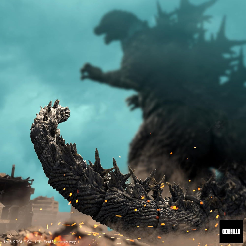 Super7 Godzilla Minus One figure at 8 inches tall and 14 inches long for shelf presence.