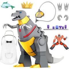 Super7 Grimlock Dino Mode close-up showcases bold G1 deco and premium sculpt for display.
