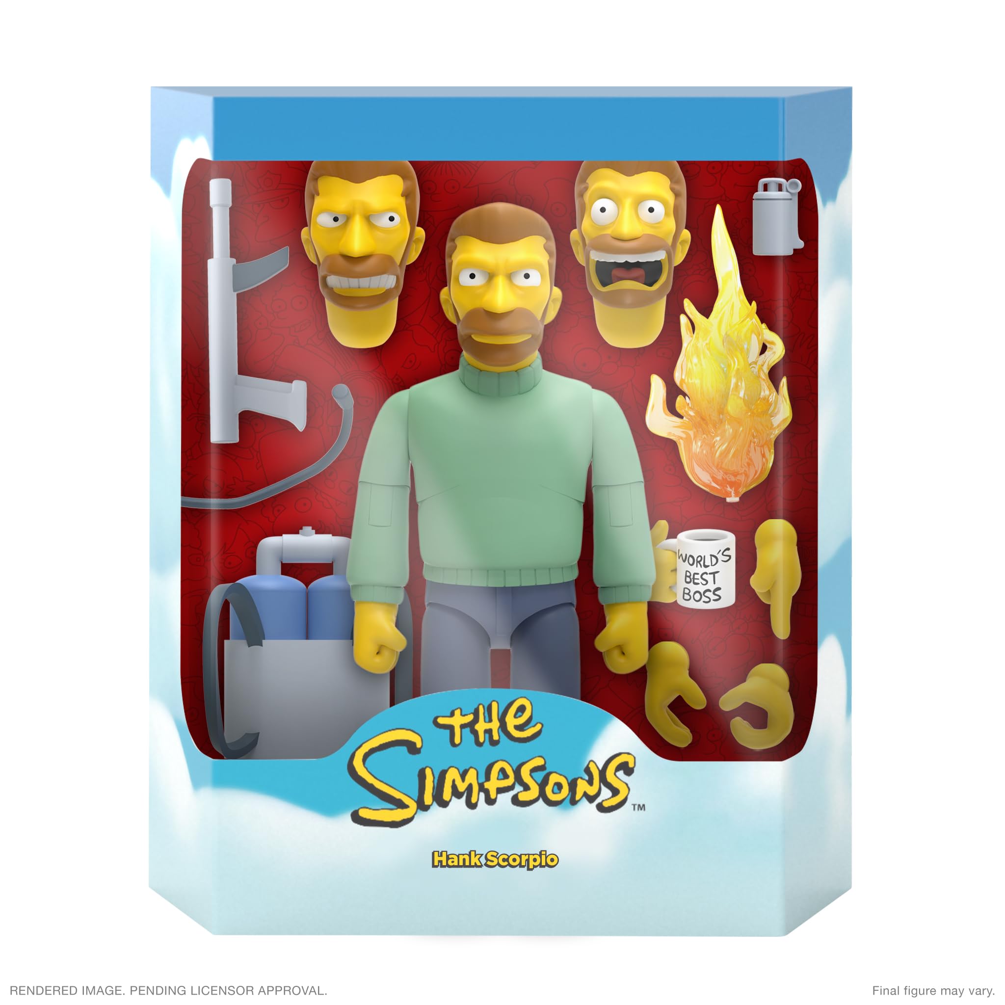 Super7 Hank Scorpio with flamethrower accessory for dramatic action poses.