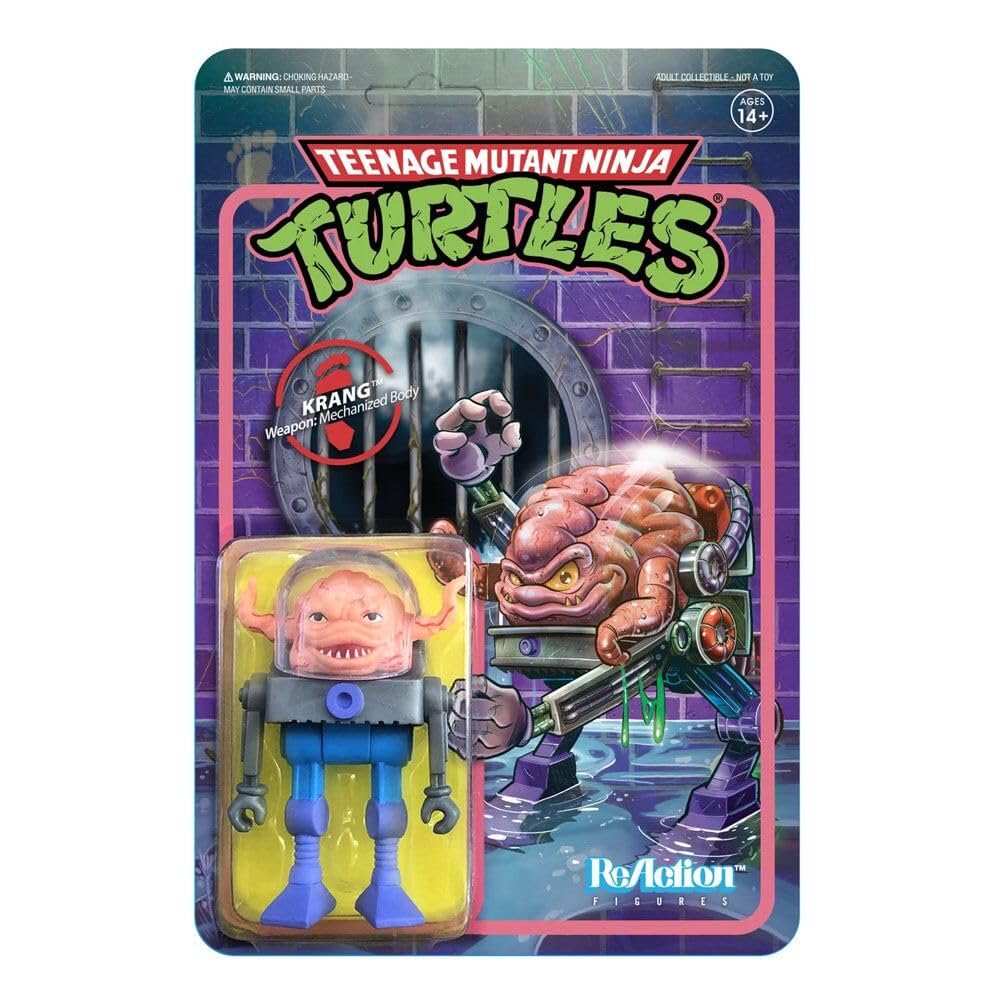 Super7 Krang cardback art featuring 80s style, ideal for collector display.