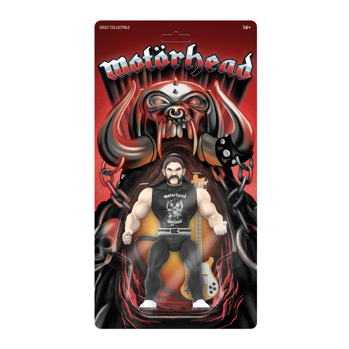 Super7 Lemmy Vintage figure front view with bass guitar for display and collection.