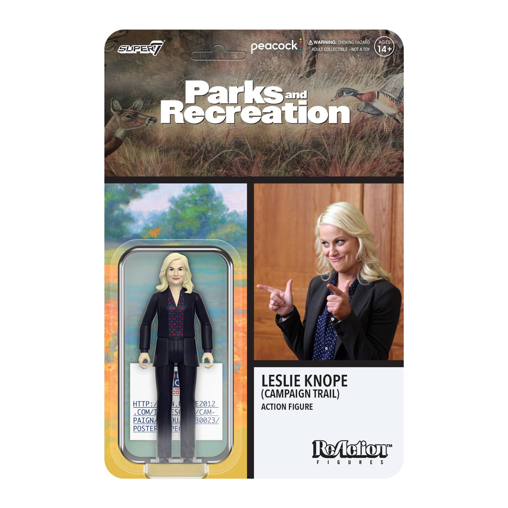 Super7 Leslie Knope with botched campaign sign accessory for scene recreation.