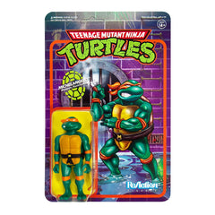 Super7 Michelangelo ReAction figure cardback inspired by classic 80s cartoon.