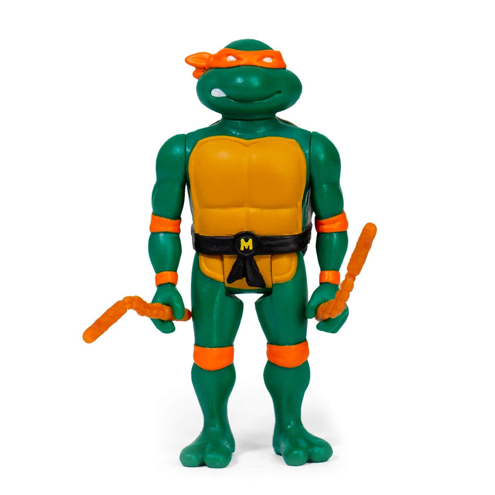 Super7 Michelangelo ReAction figure featuring pizza slice for display and imaginative play.