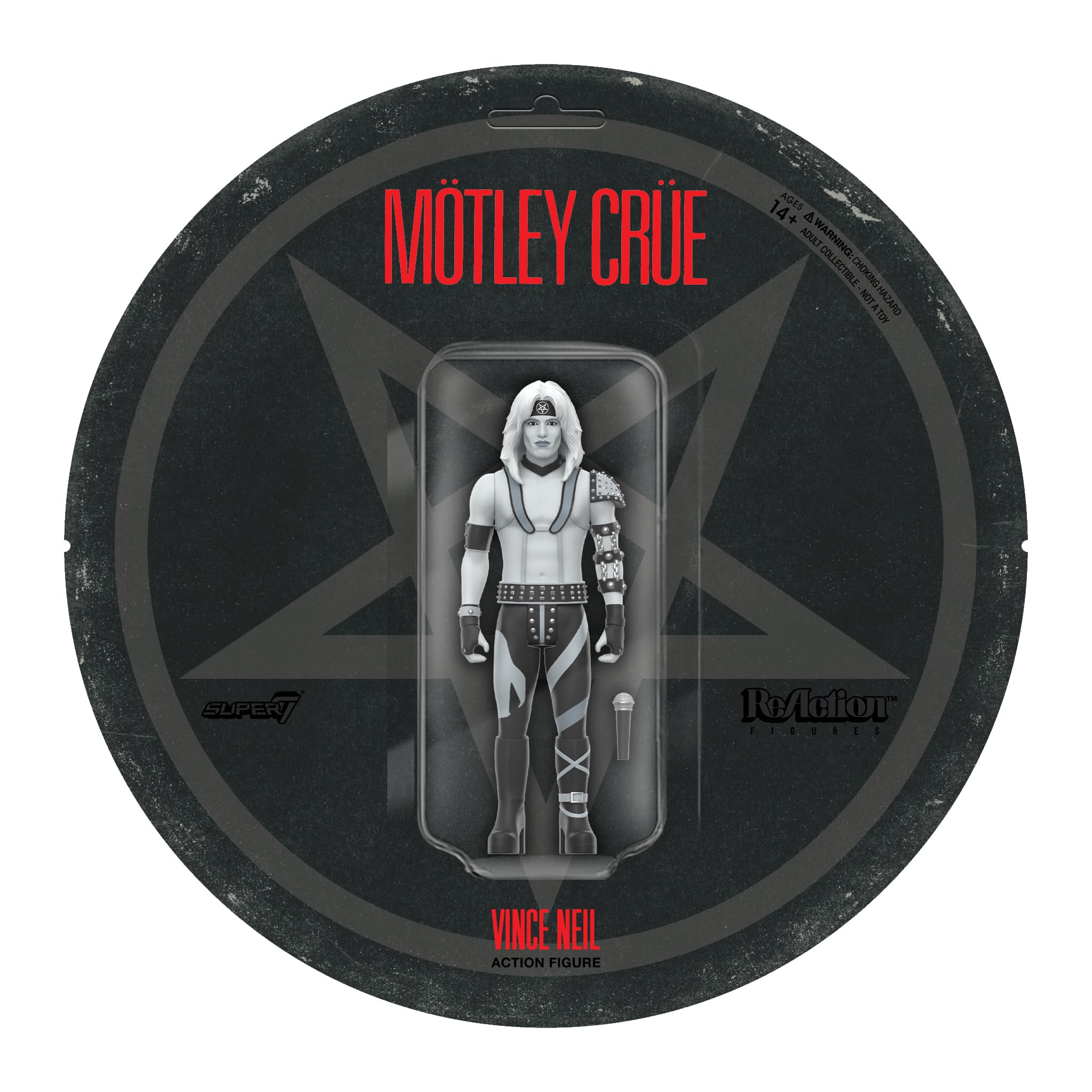 Super7 Motley Crue Vince Neil ReAction figure grayscale finish for retro display.