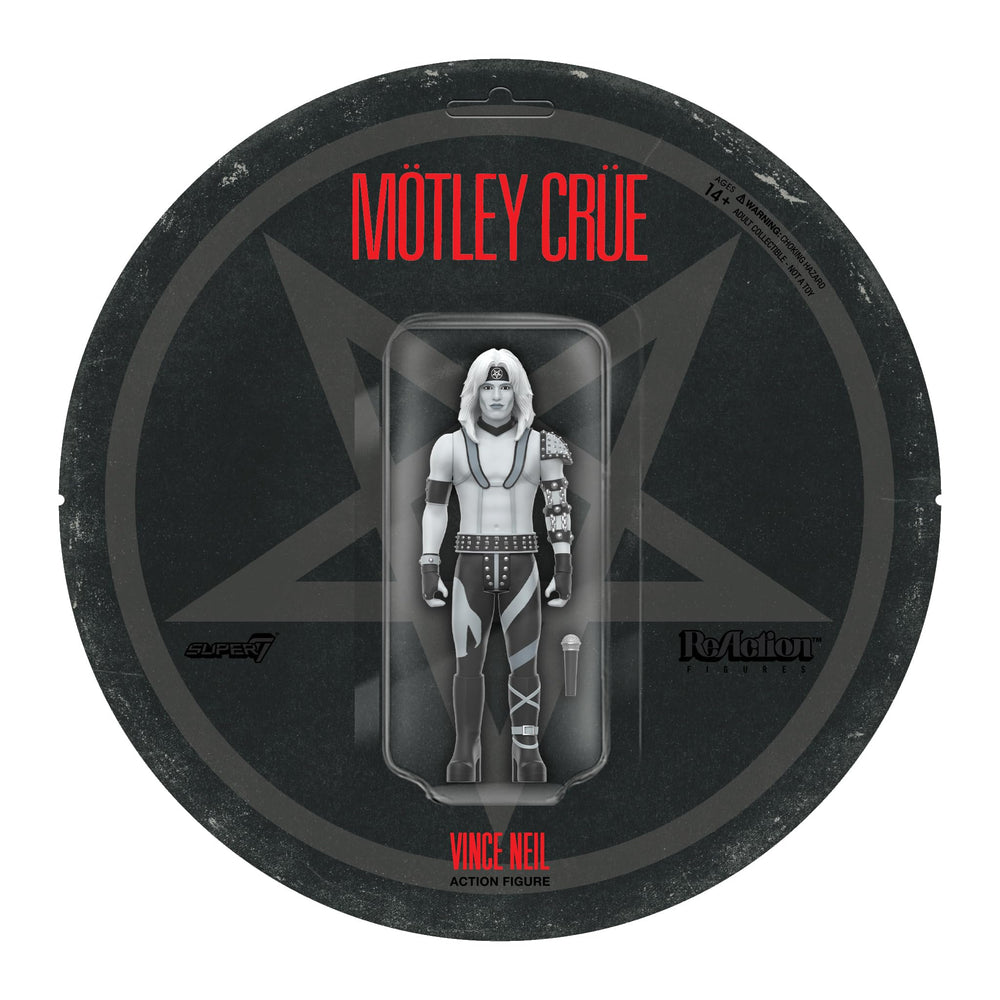 Super7 Motley Crue Vince Neil ReAction figure grayscale finish for retro display.
