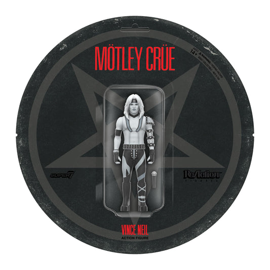 Super7 Motley Crue Vince Neil ReAction figure grayscale finish for retro display.