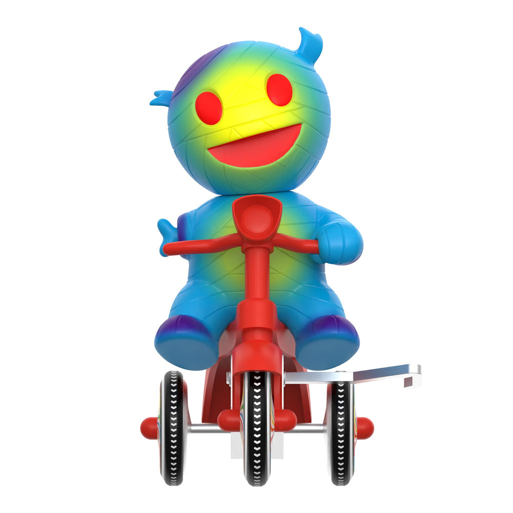 Glow-in-the-dark Mummy Boy figure with wind-up bike for night display.
