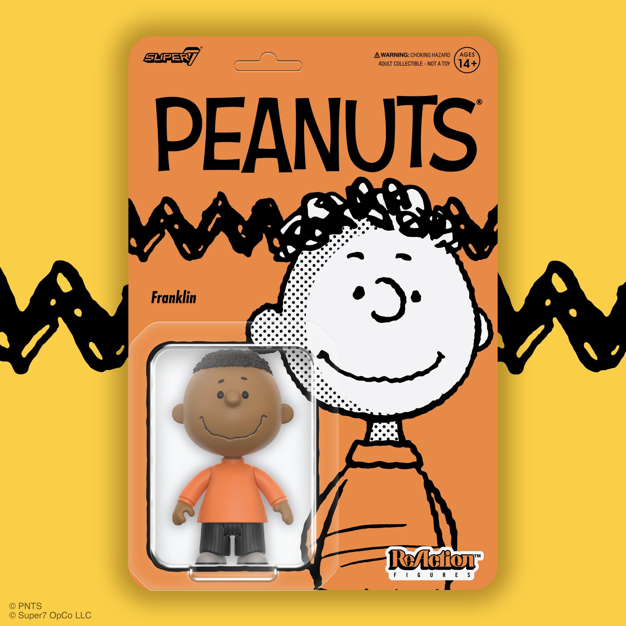 Side-view of Super7 Peanuts Franklin ReAction figure, ideal for display dioramas.
