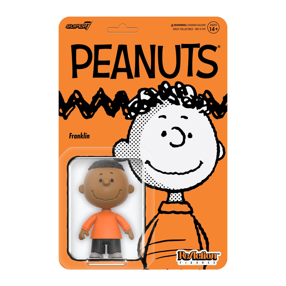 Super7 Peanuts Franklin ReAction figure on blister packaging, perfect for nostalgic display.