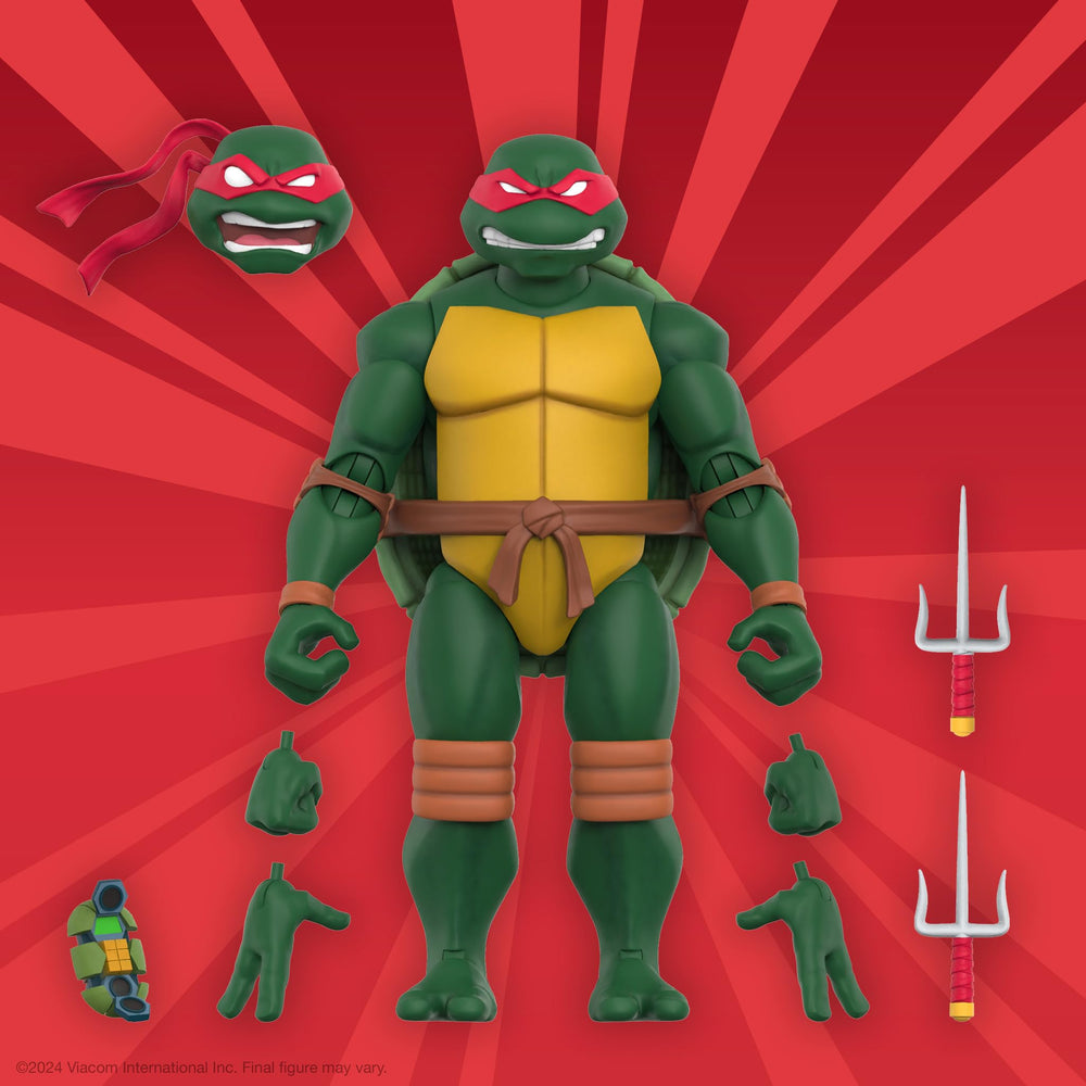 Super7 Raphael interchangeable heads and hands for varied expressions.