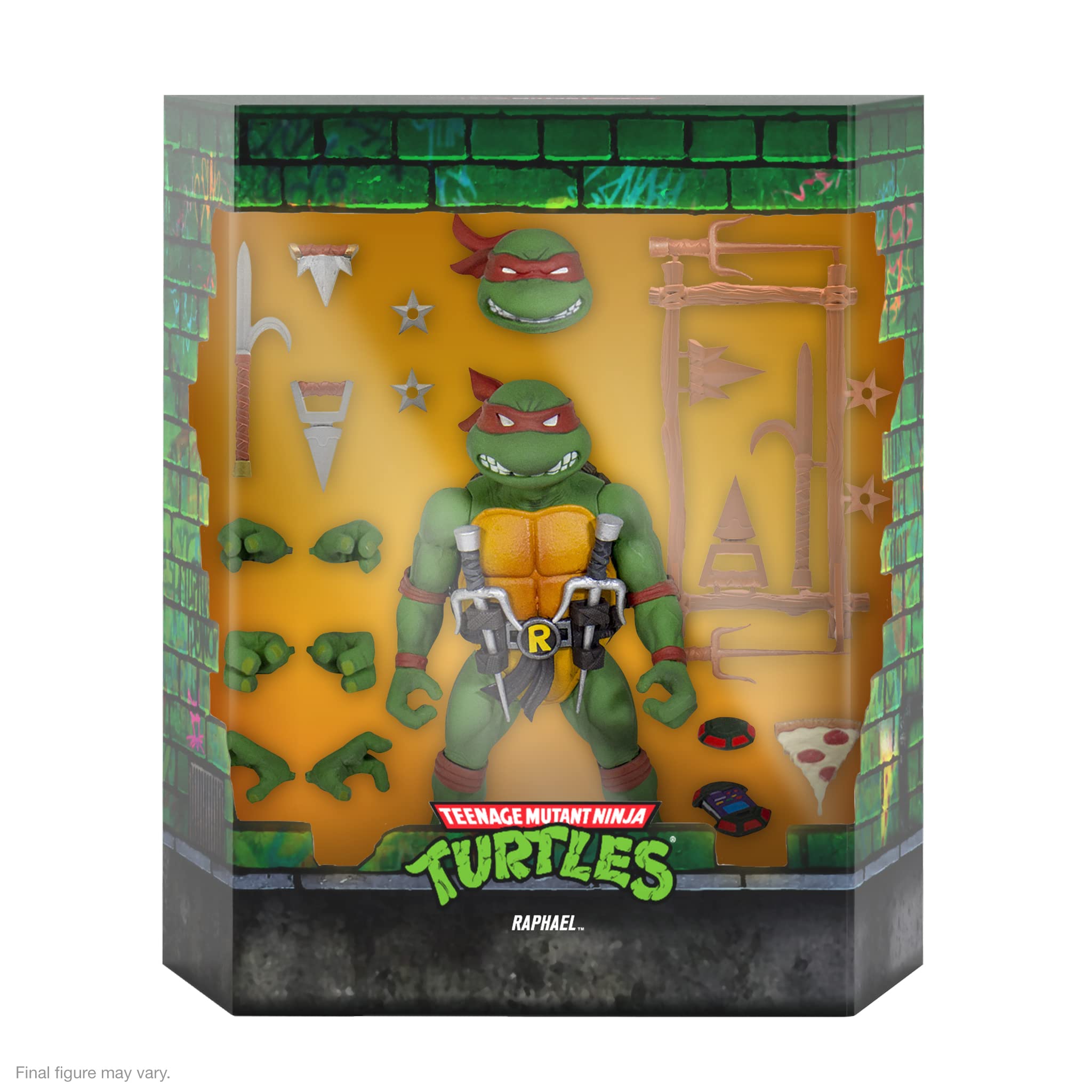 Super7 Raphael ULTIMATES head and hands swap for customizable posing and scene recreation.