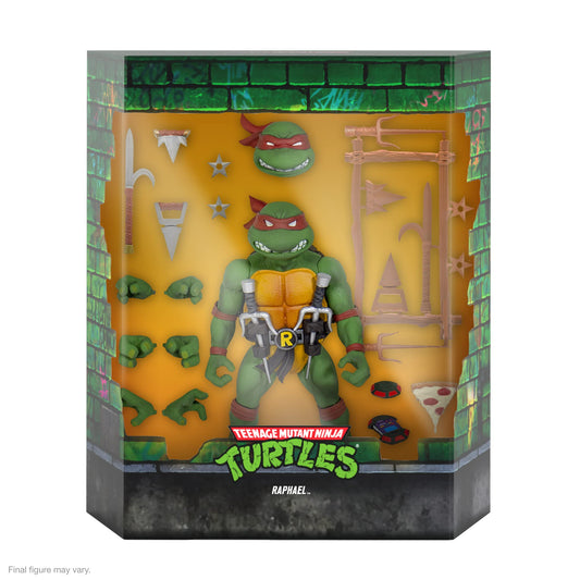 Super7 Raphael ULTIMATES head and hands swap for customizable posing and scene recreation.