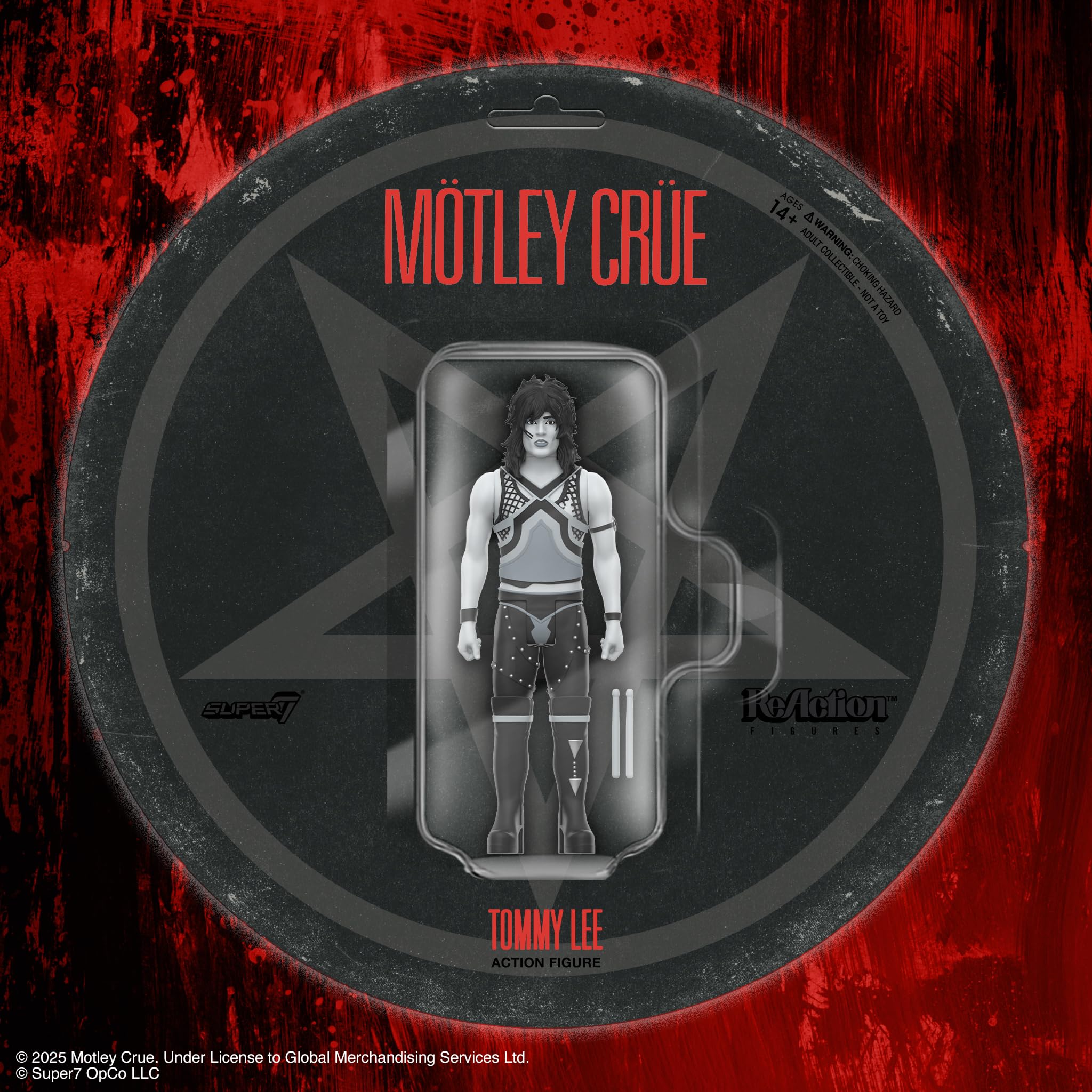 Retro cardback packaging echoes iconic Motley Crue visuals for display.