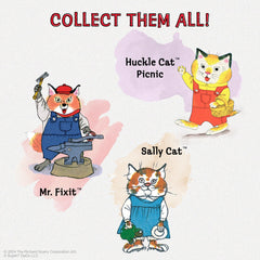 Close-up of Huckle Cat red overalls details, authentic styling.