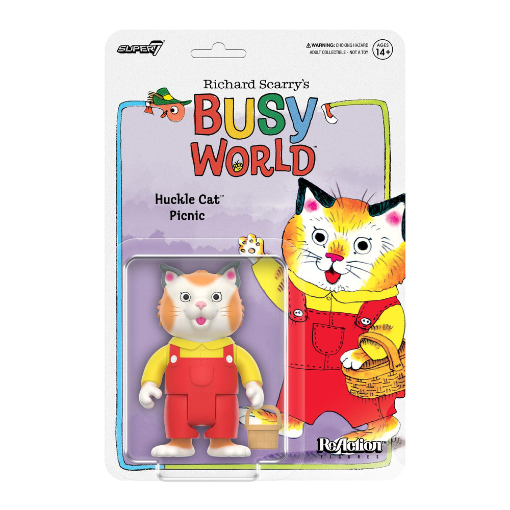 Super7 Richard Scarry Huckle Cat figure with picnic basket, ideal for display and imaginative play.