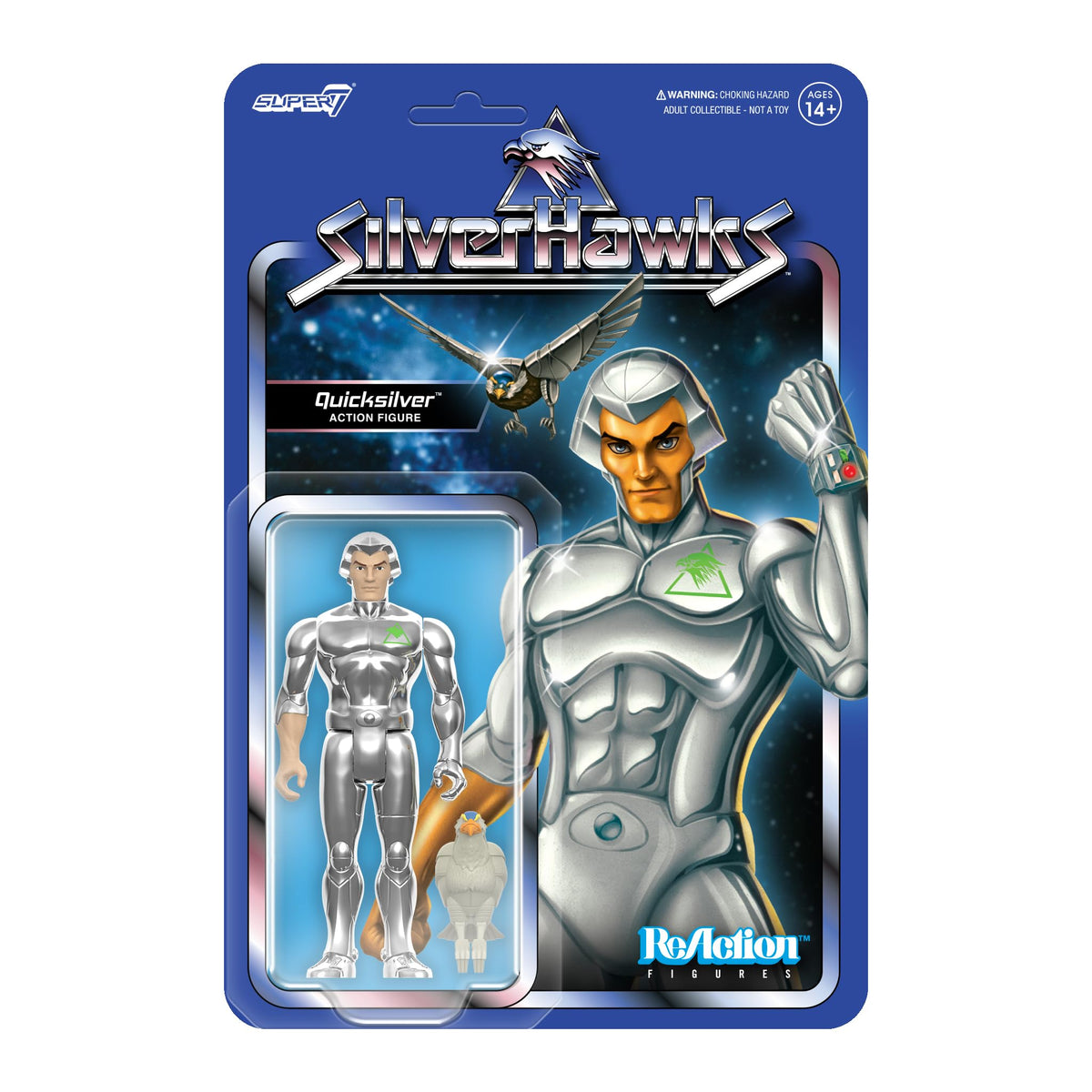 Super7 SilverHawks Quicksilver action figure in retro packaging ideal for display.