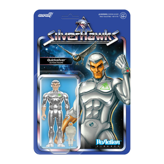 Super7 SilverHawks Quicksilver action figure in retro packaging ideal for display.